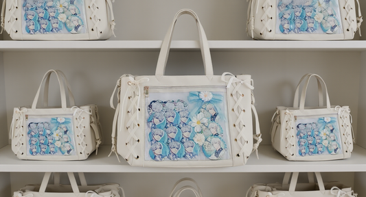 Ita bag in a lifestyle setting: a styled shelf full of ita bags