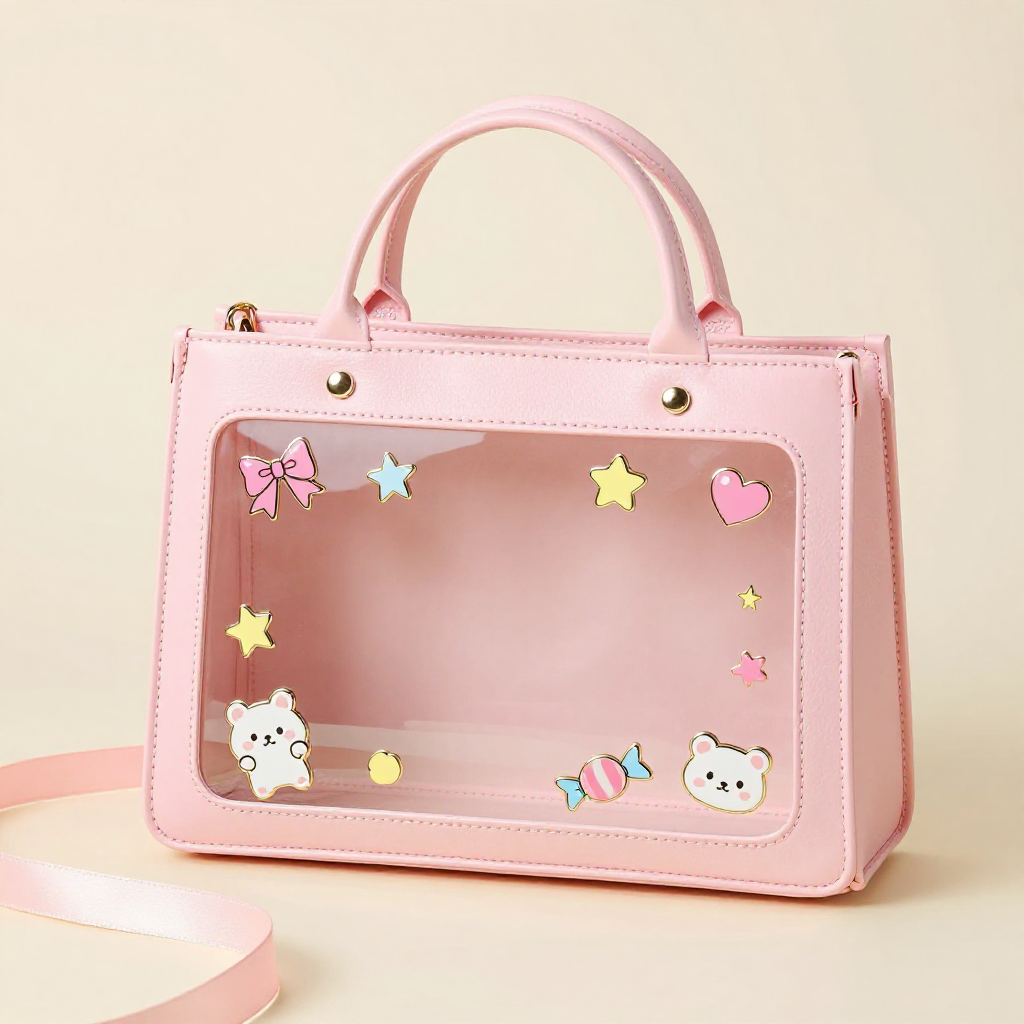 Pastel pink ita bag with a clear display window styled with cute enamel pins