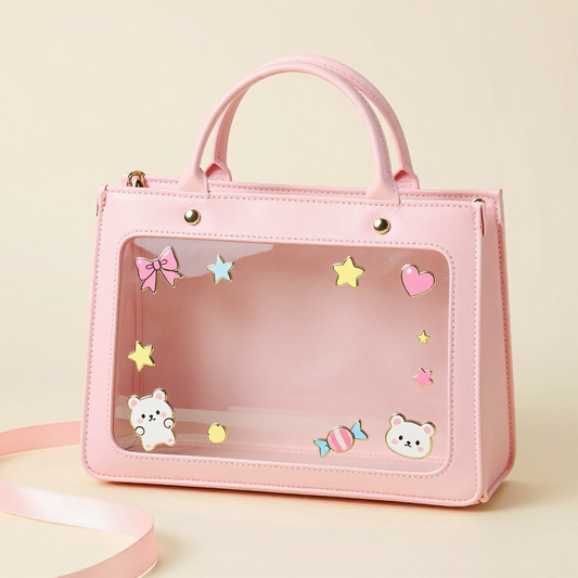 Pastel pink ita bag with a clear display window styled with cute enamel pins