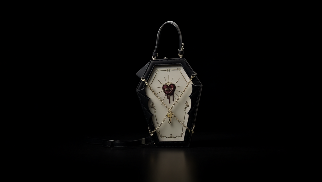Crimson gothic ita bag on a dark studio backdrop