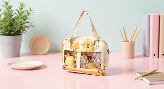 Ita bag in a lifestyle setting: a bright pastel desk