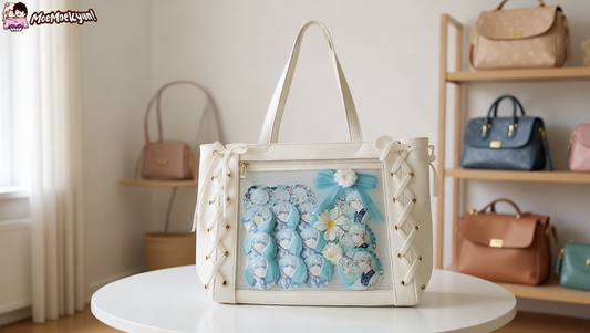 Ita bag in a lifestyle setting: a bright cozy room with shelves of ita bags
