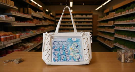 Ita bag in a lifestyle setting: a market stall counter